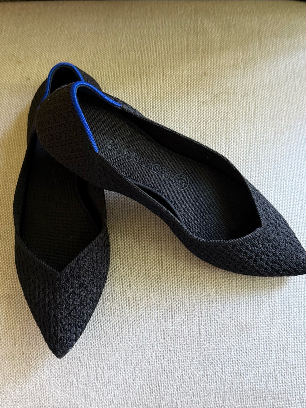 Rothy's Black Pointed-Toe Flat with Blue Trim